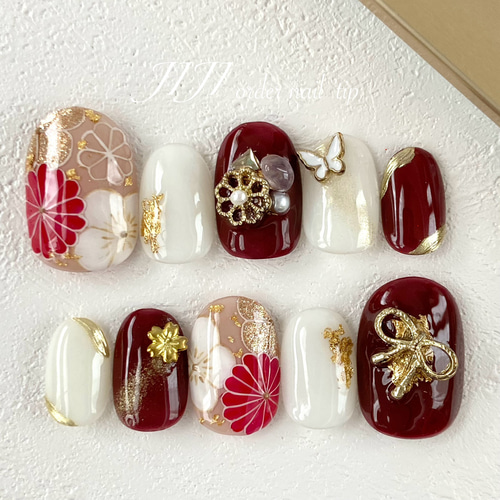 ネイルチップ チップ 成人式 和柄 振袖 花 フラワー 卒業式 袴 フルオーダー 和柄 花魁青ネイル ネイルチップオーダー 成人式 袴 振袖 前撮り