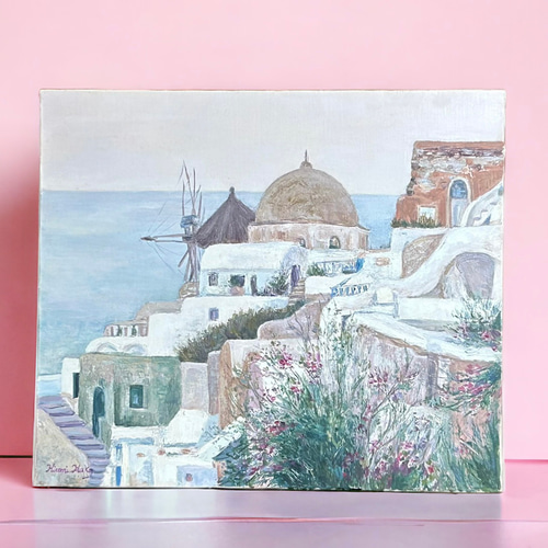 静けさに包まれて(油絵10号、原画一点物、ギリシャ、サントリーニ島 