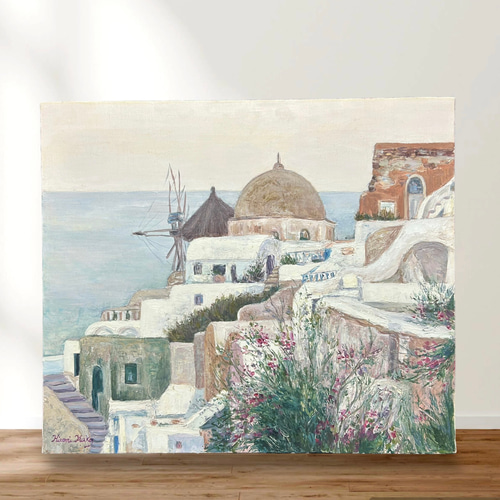 静けさに包まれて(油絵10号、原画一点物、ギリシャ、サントリーニ島 