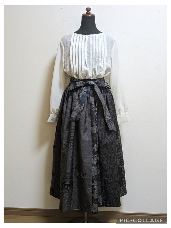 SOLD 着物リメイク ギャザースカート 大島紬 M〜L フレアスカート さら  