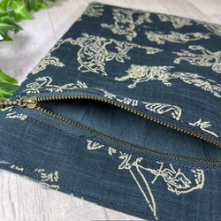 鳥獣戯画のタテ型サコッシュ　紺地　外ポケット付　ショルダーストラップ付　送料込み 5枚目の画像