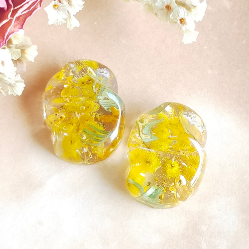 ミモザと金木犀のそら豆イヤリング〜 ドライフラワー クリア レジン