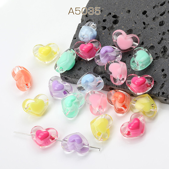 A5035 60個 アクリルビーズ ハート型 ミックスカラー 13×17mm 3 x（20