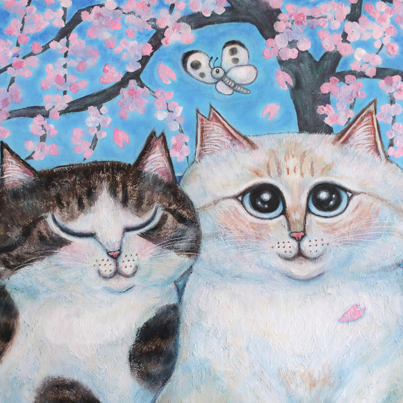 原画「仲良しさくらねこのいる桜咲く丘」 F10号  #絵画 #ねこ #原画 #猫の絵 #イラスト #アート #さくらねこ 2枚目の画像