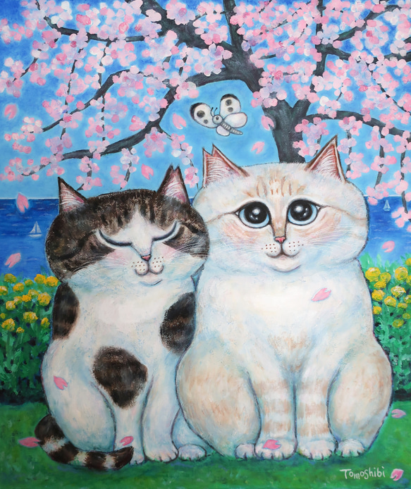 原画「仲良しさくらねこのいる桜咲く丘」 F10号  #絵画 #ねこ #原画 #猫の絵 #イラスト #アート #さくらねこ 1枚目の画像