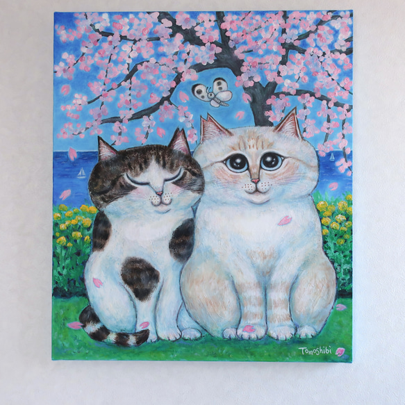 原画「仲良しさくらねこのいる桜咲く丘」 F10号  #絵画 #ねこ #原画 #猫の絵 #イラスト #アート #さくらねこ 4枚目の画像