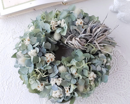 紫陽花と瑠璃玉ちゃんと花々のリース ネモフィラブルーの紫陽花とラベンダーのガーデンリース リース