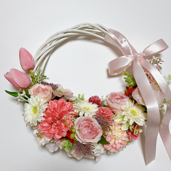 ブライダルブーケ リースブーケ 紫 ピンク リースブーケ パステルピンク バラ ガーベラ ポピー チューリップ