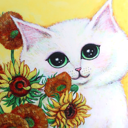 ジクレー「ひまわりを飾る猫 (ゴッホへのオマージュ)」 ゴールド額付き  #絵画 #ねこ #猫の絵 #白猫 4枚目の画像