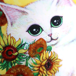 ジクレー「ひまわりを飾る猫 (ゴッホへのオマージュ)」 ゴールド額付き  #絵画 #ねこ #猫の絵 #白猫 8枚目の画像