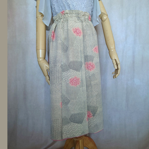 着物リメイク スカートスーツ コサージュ付 3点セット ホワイト 小紋 L  