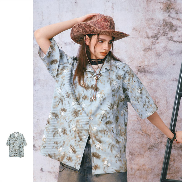 オシャレ感のある半袖花柄シャツゆったりシャツ夏の薄手コート
