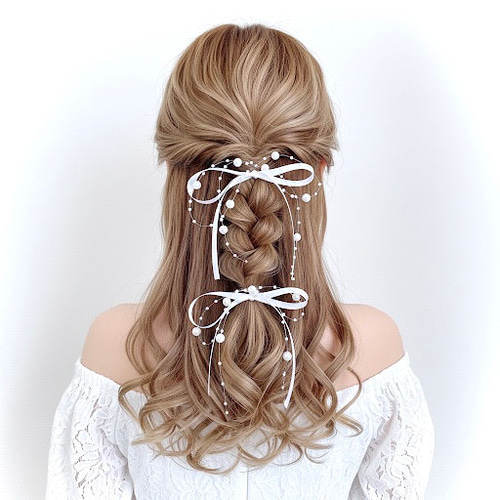 55cm【2点セット】【パール付】サテンリボン ブライダル ヘアリボン