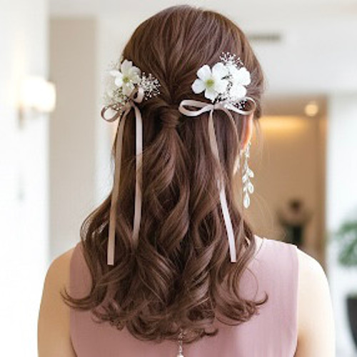 55cm【2点セット】【パール付】サテンリボン ブライダル ヘアリボン