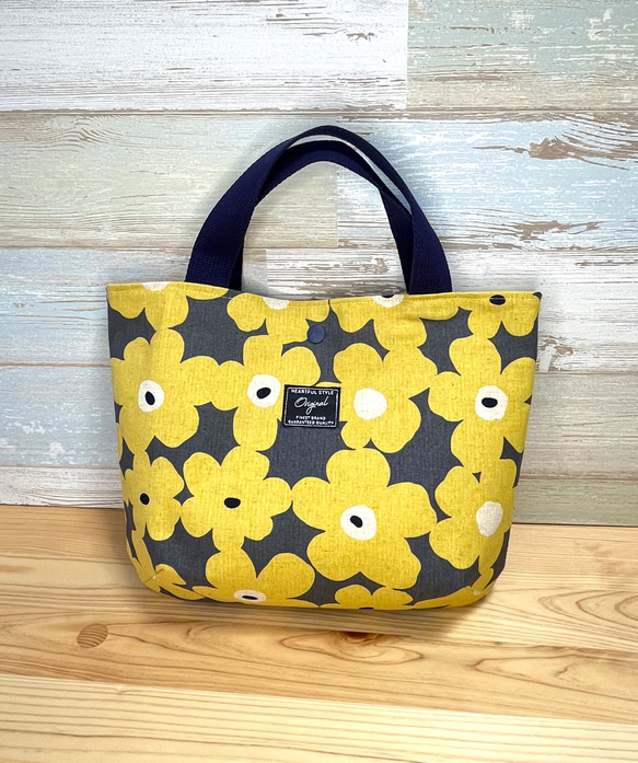 北欧花柄 横長コロンとまるいミニトートバッグ【黄色い花】小さめ