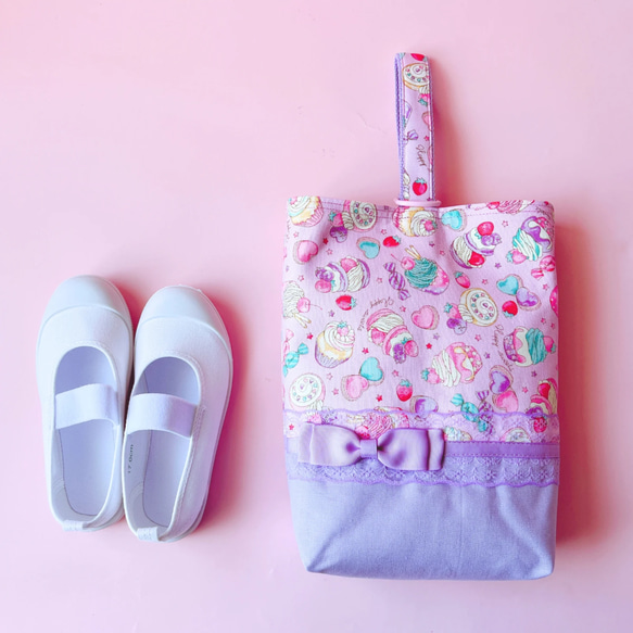 入園入学3点セット　【ホログラムハート×紫チェック】　女の子　手提げ　上靴袋 入園入学3点セット 【ホログラムハート×紫チェック】 女の子