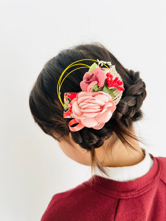 古典日系和風 粉色茶花絲帶髮夾 第3張的照片