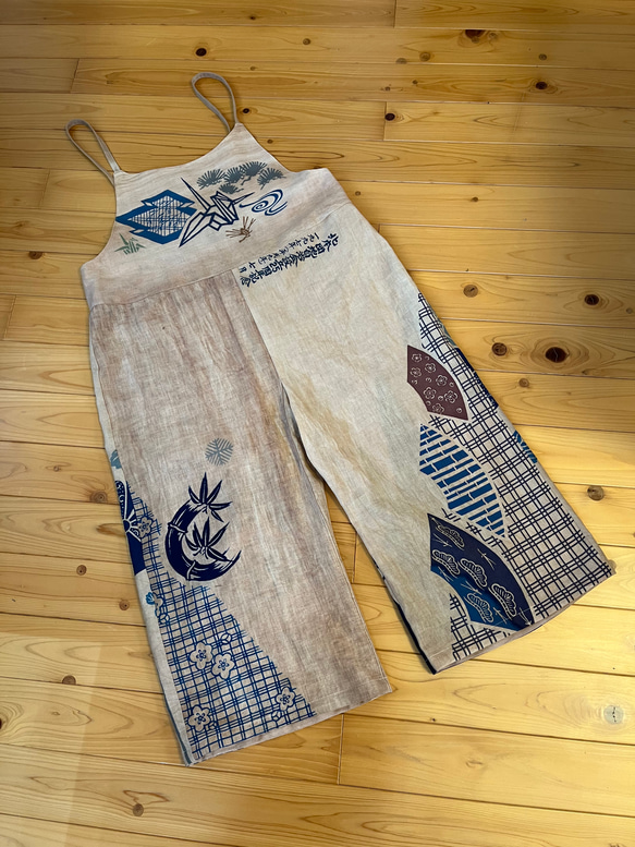 柿渋染め手ぬぐい ゆったりサロペットパンツ フリーサイズ 折り鶴  