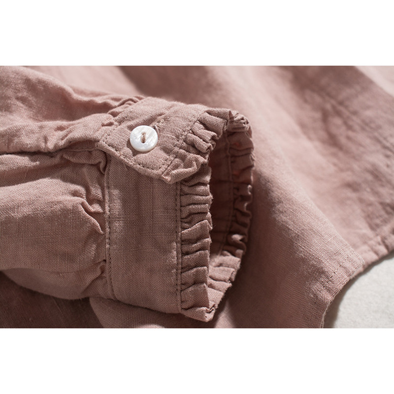 レース襟リネンシャツ　ゆとりリネン長袖シャツ　水洗いリネンシャツ　貝ボタン　3色　フリーサイズ　L341