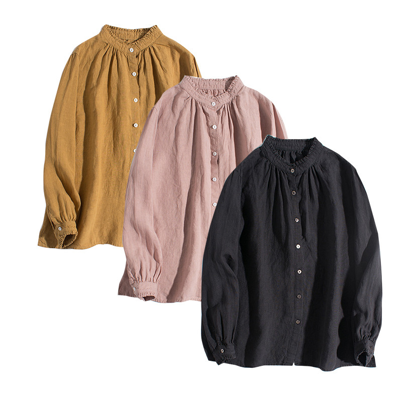 レース襟リネンシャツ　ゆとりリネン長袖シャツ　水洗いリネンシャツ　貝ボタン　3色　フリーサイズ　L341