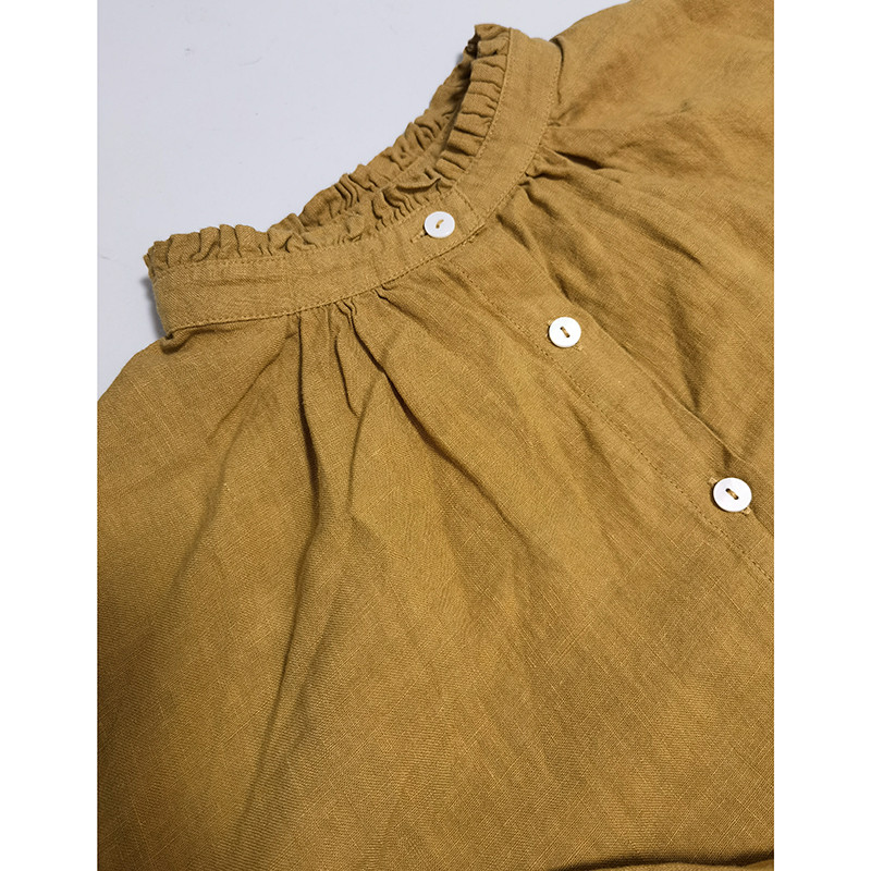 レース襟リネンシャツ　ゆとりリネン長袖シャツ　水洗いリネンシャツ　貝ボタン　3色　フリーサイズ　L341