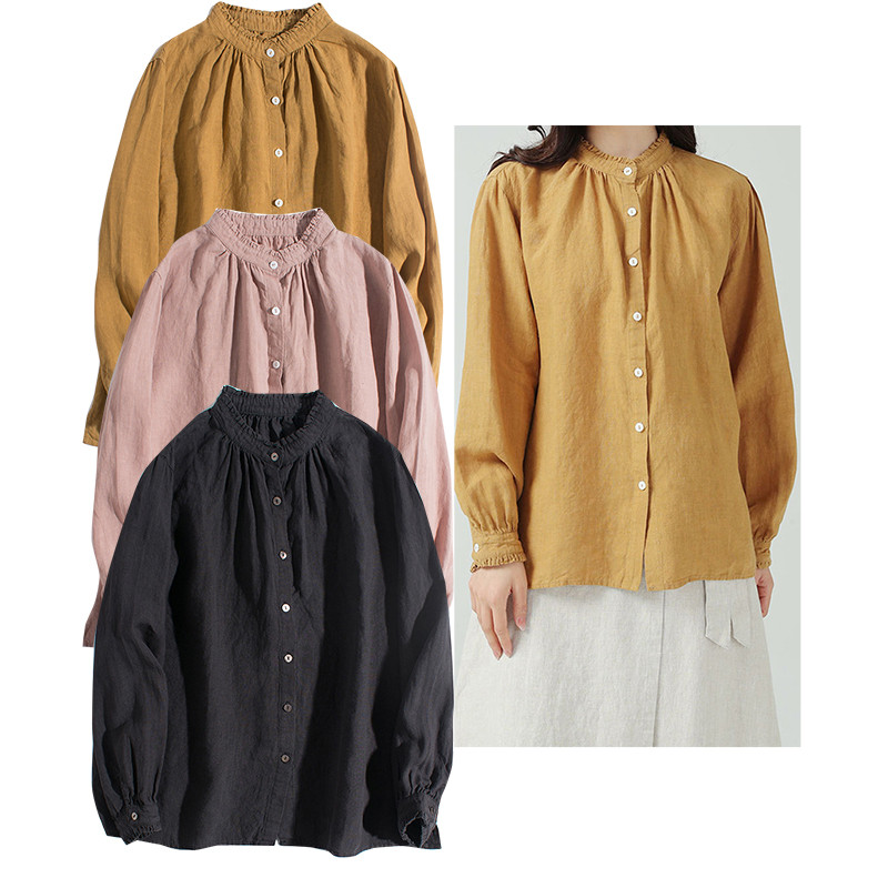 レース襟リネンシャツ　ゆとりリネン長袖シャツ　水洗いリネンシャツ　貝ボタン　3色　フリーサイズ　L341