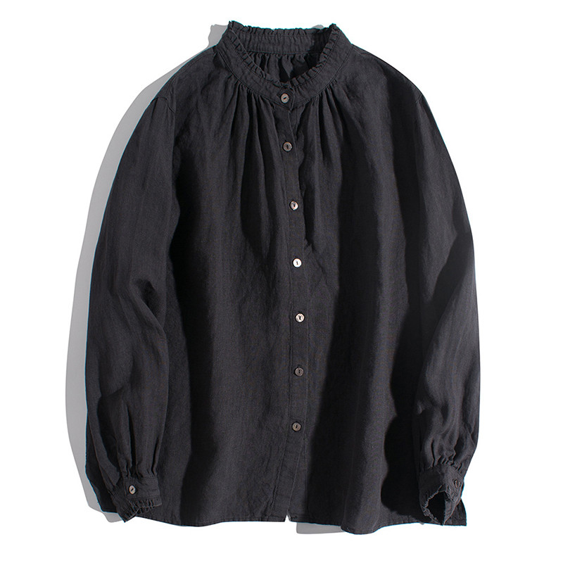 レース襟リネンシャツ　ゆとりリネン長袖シャツ　水洗いリネンシャツ　貝ボタン　3色　フリーサイズ　L341