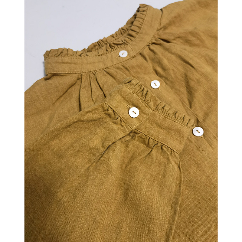 レース襟リネンシャツ　ゆとりリネン長袖シャツ　水洗いリネンシャツ　貝ボタン　3色　フリーサイズ　L341