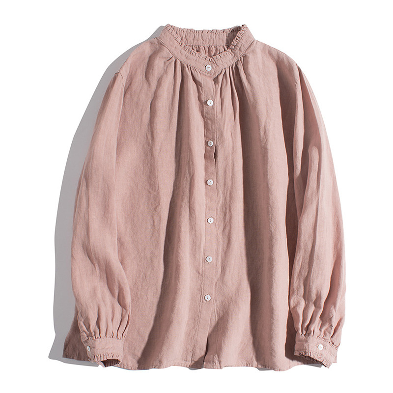 レース襟リネンシャツ　ゆとりリネン長袖シャツ　水洗いリネンシャツ　貝ボタン　3色　フリーサイズ　L341