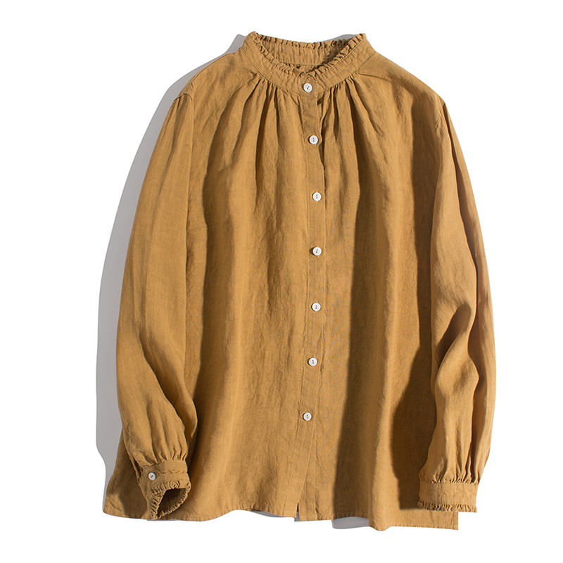 レース襟リネンシャツ　ゆとりリネン長袖シャツ　水洗いリネンシャツ　貝ボタン　3色　フリーサイズ　L341