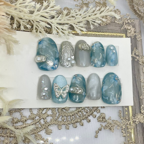 サイズオーダー♡ ニュアンスフラワー×ミラーネイルチップ