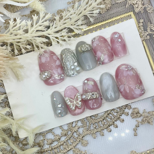 サイズオーダー♡ ニュアンスフラワー×ミラーネイルチップ ピンク size  