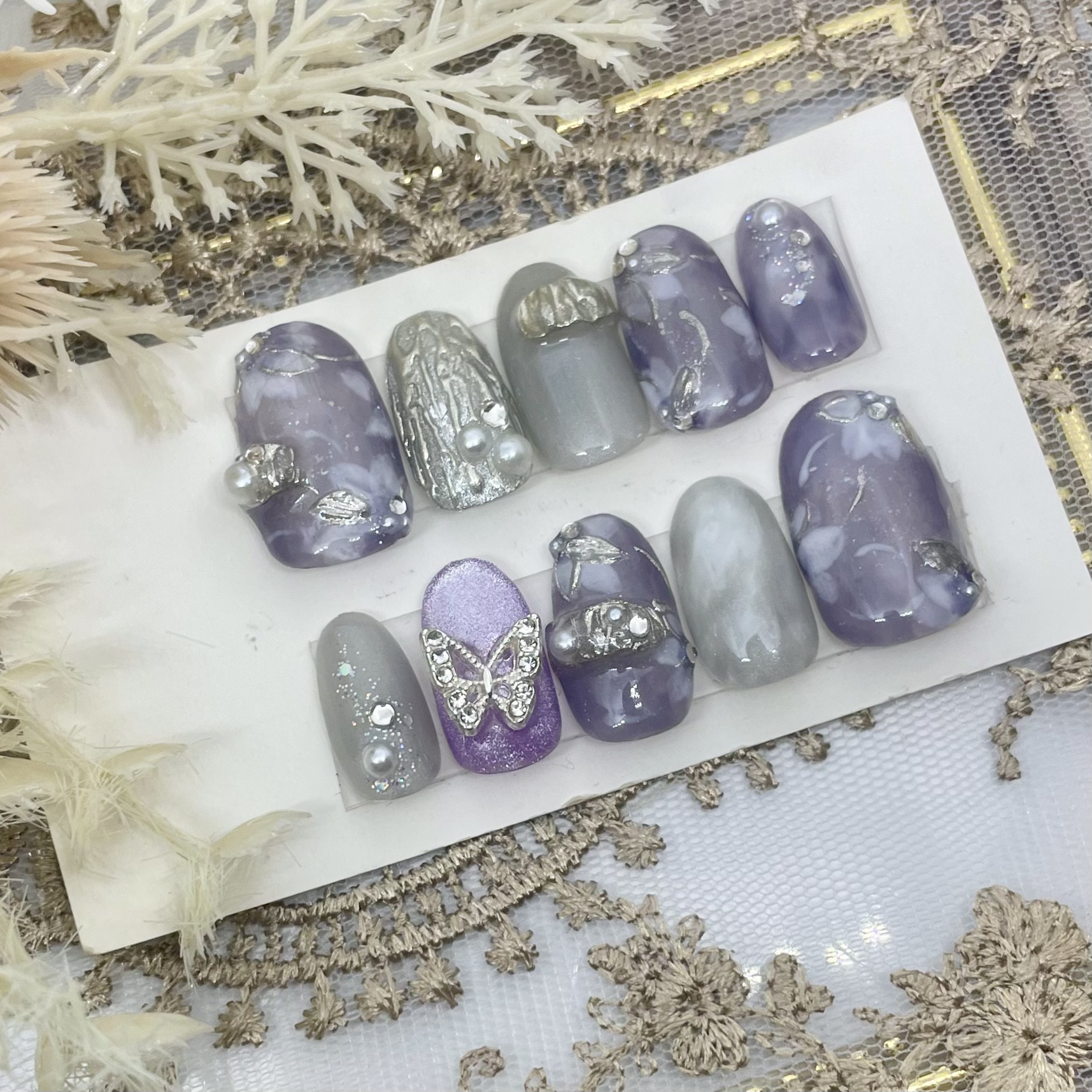 専用♡デザインチップ サイズオーダー♡ ニュアンスフラワー×ミラーネイルチップ
