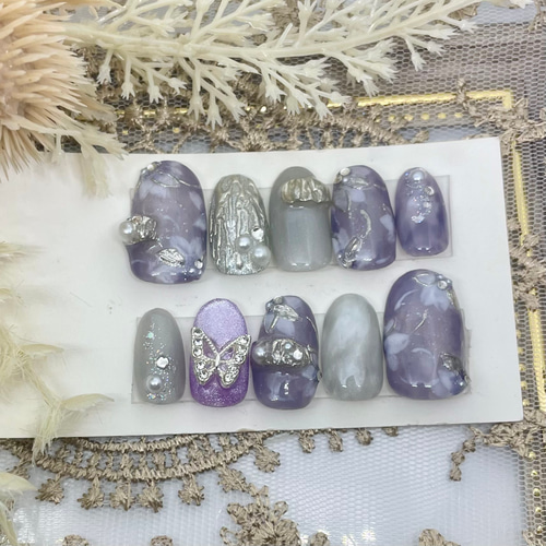 サイズオーダー♡ ニュアンスフラワー×ミラーネイルチップ