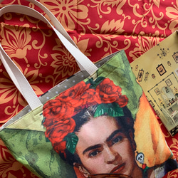 Frida Kahlo / Navajo ダブルコットンリネン×アンティーク加工星柄コットン×2ポケット軽量トートバッグ 4枚目の画像