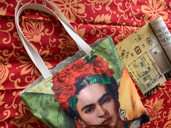 Frida Kahlo / Navajo ダブルコットンリネン×アンティーク加工星柄コットン×2ポケット軽量トートバッグ 4枚目の画像