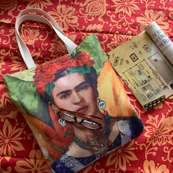 Frida Kahlo / Navajo ダブルコットンリネン×アンティーク加工星柄コットン×2ポケット軽量トートバッグ 1枚目の画像