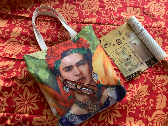 Frida Kahlo / Navajo ダブルコットンリネン×アンティーク加工星柄コットン×2ポケット軽量トートバッグ 1枚目の画像