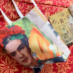 Frida Kahlo / Navajo ダブルコットンリネン×アンティーク加工星柄コットン×2ポケット軽量トートバッグ 8枚目の画像