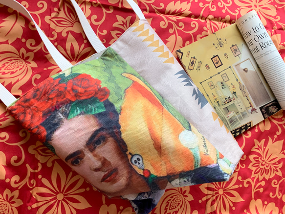 Frida Kahlo / Navajo ダブルコットンリネン×アンティーク加工星柄コットン×2ポケット軽量トートバッグ 8枚目の画像