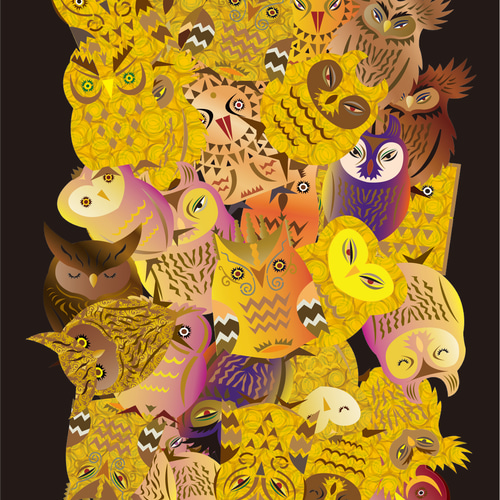 デジタル版画「黄色のフクロウ万華鏡」A4 イラスト キャンドルアート