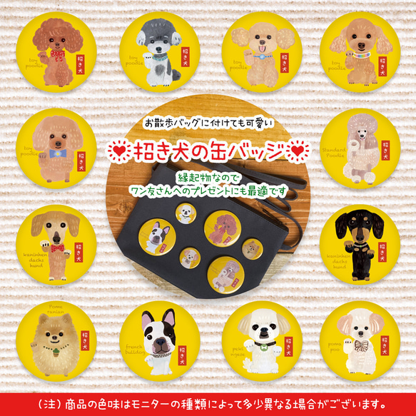 招き犬缶バッジ　缶バッジ57mm　モデルリクエスト無料（犬種 うちの子 ワン友さんの子など）イラスト　送料無料　ペット　 1枚目の画像