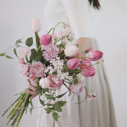 〈 完成品販売ブーケ 〉tulip pink artificial flower bouquet 3枚目の画像