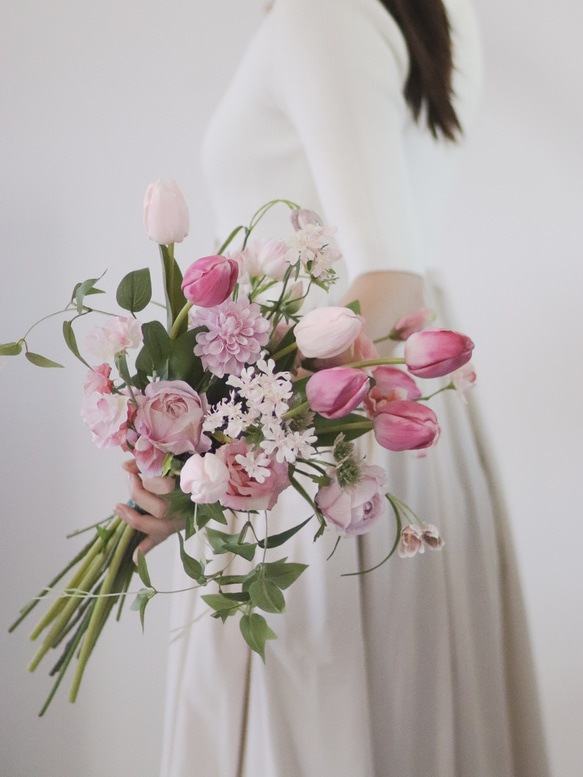 〈 完成品販売ブーケ 〉tulip pink artificial flower bouquet 3枚目の画像