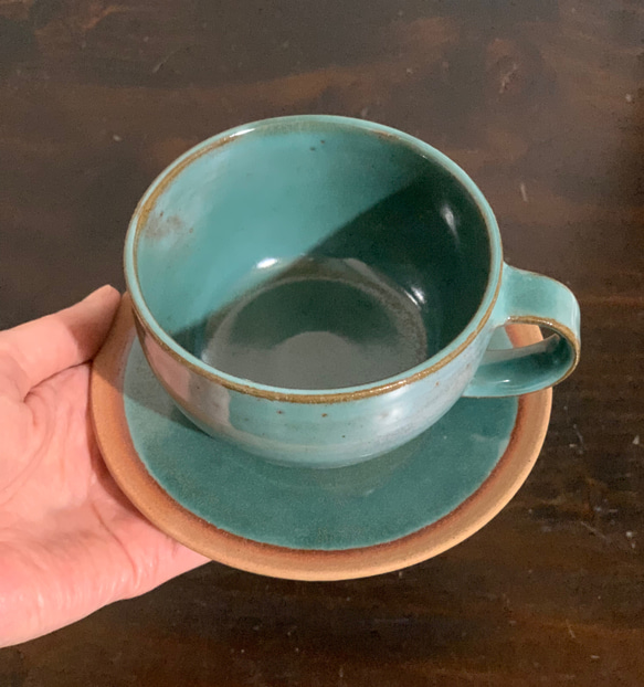 陶器　緑青のカップ&ソーサー 11枚目の画像