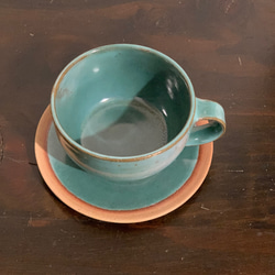 陶器　緑青のカップ&ソーサー 4枚目の画像