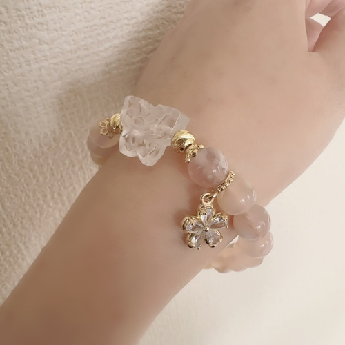 水晶 蝶々 桜瑪瑙 花 パーツ 天然石 デザイン ブレスレット