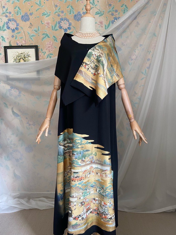 着物リメイク 黒留袖ドレス＆巾広ショール、リボンベルト付き ロング丈 