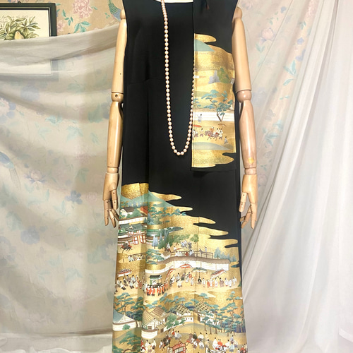 着物リメイク 黒留袖ドレス＆巾広ショール、リボンベルト付き ロング丈 