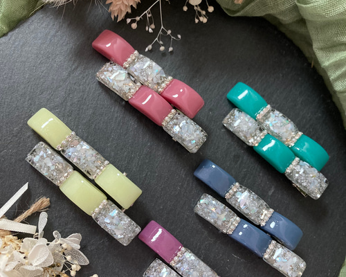 レジンヘアゴム　グリーン　バイカラー　ナチュラル　夏　ホワイト　パール 23732e36d44525cf027be1be1ded97